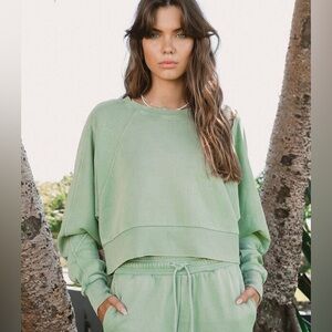 Lorna Jane Vintage Wash Batwing Crop Jumper Sweatshirt Mint Green Pullover M